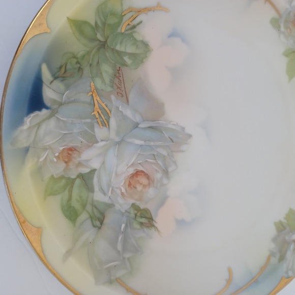 Royal Rudolstadt Hand Painted Prussia Plate White Roses Gold Trim Handles - Picture 4 of 13